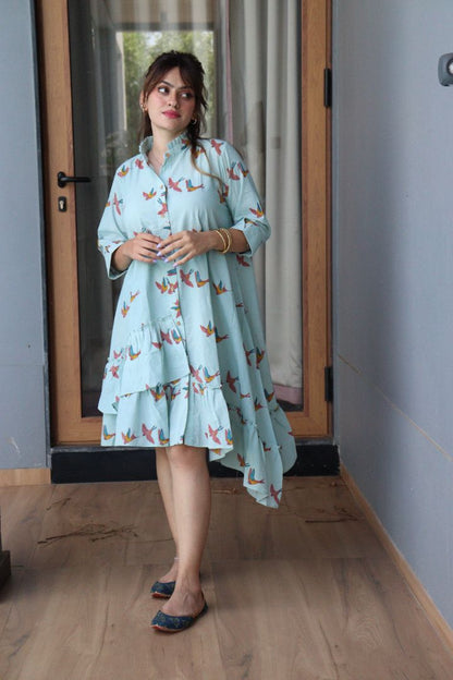 Birds Print Layered Summer Dress