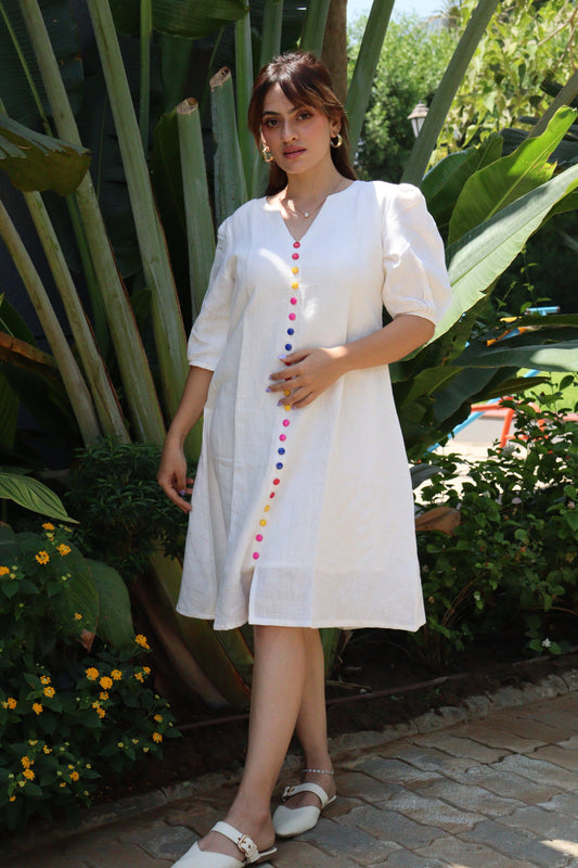 Rainbow Button Linen Midi Dress