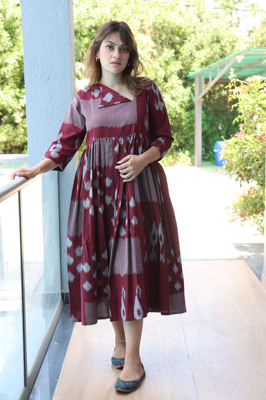 Summer Breeze Ikkat Dress - Burgundy & Grey