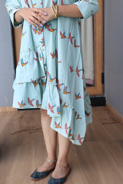 Birds Print Layered Summer Dress