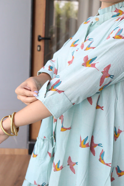 Birds Print Layered Summer Dress