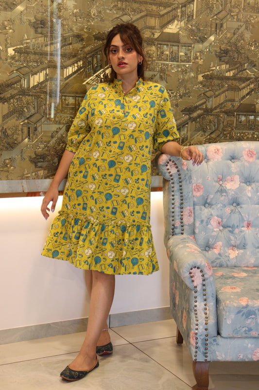 Blog Prints Short Dress - Yellow Travel