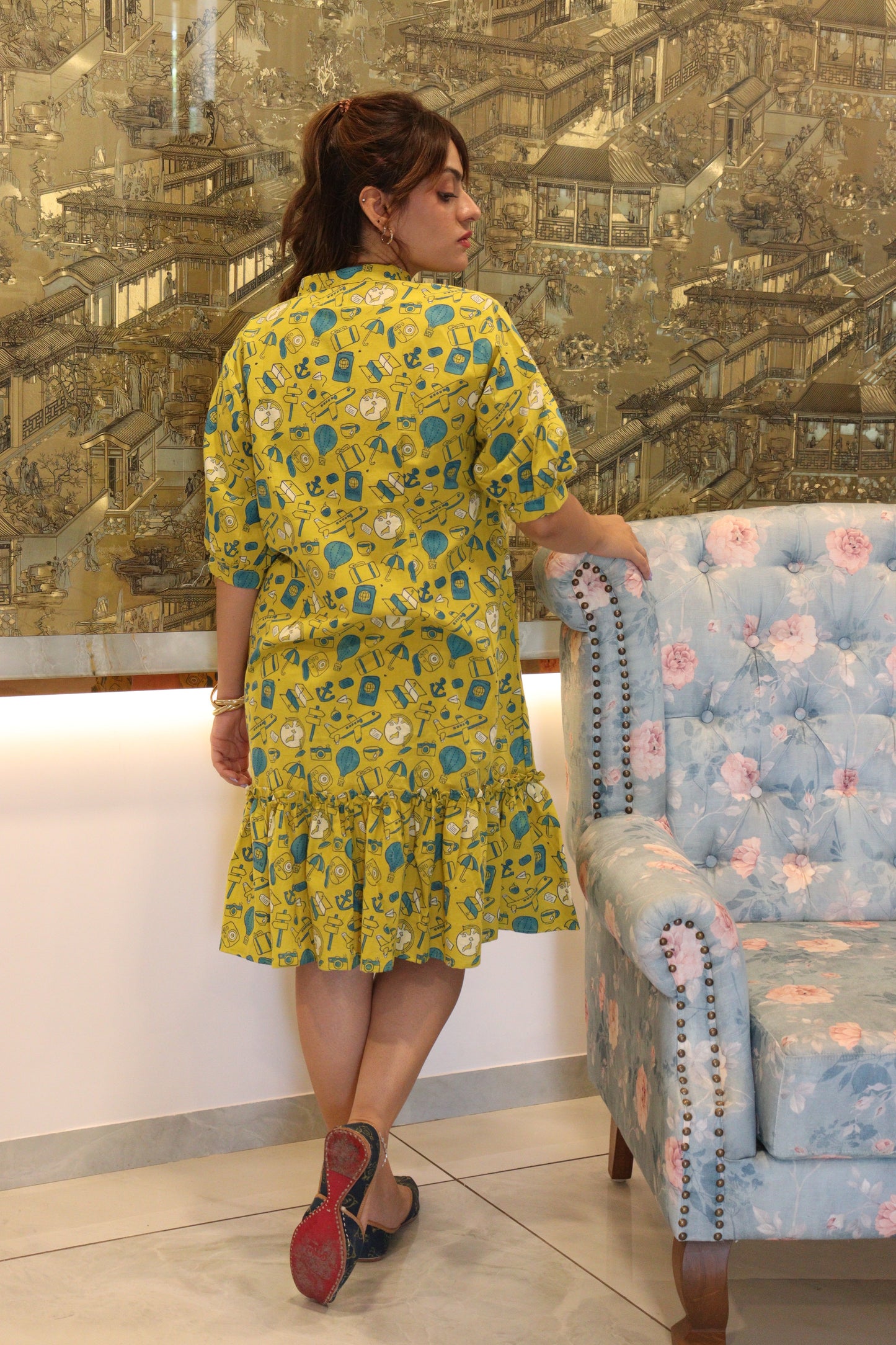 Blog Prints Short Dress - Yellow Travel