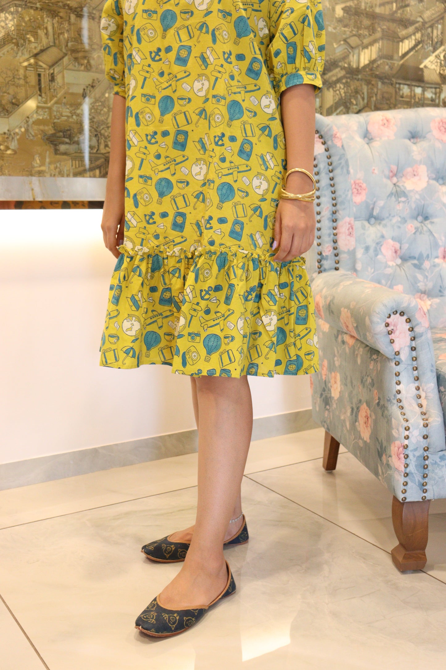 Blog Prints Short Dress - Yellow Travel